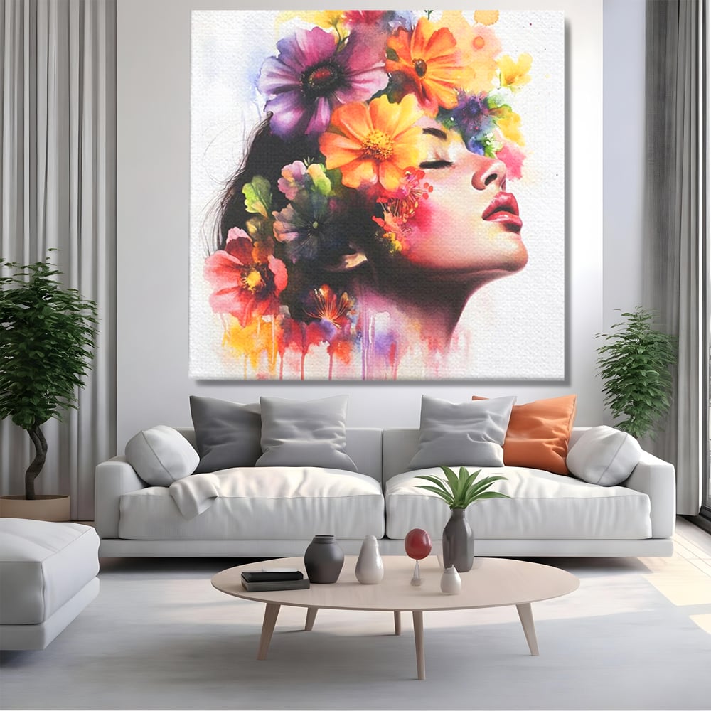 Tablou canvas cu pictura profil femeie cu flori, fara rama, pe sasiu de lemn, pe perete intr-un living